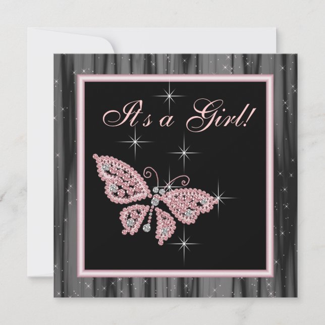Jewel Butterfly Pink Black Baby Girl Shower Invitation (Front)