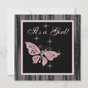 Jewel Butterfly Pink Black Baby Girl Shower Invitation