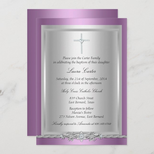 Jewel Cross Baptism/Christening Invitation (Front/Back)