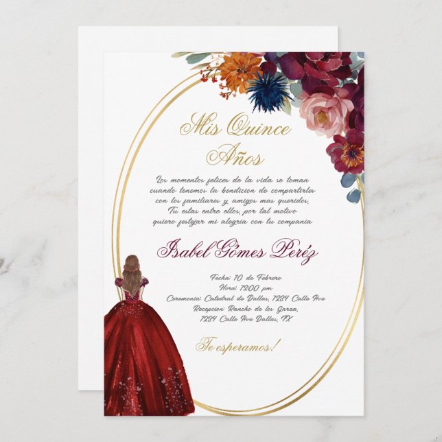 Jewel floral Quinceanera invitation in Spanish (Front/Back)