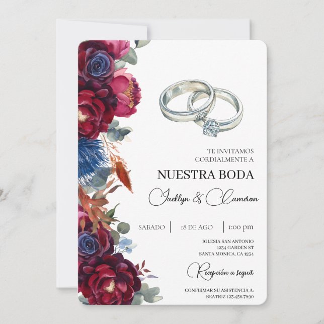 Jewel Floral Spanish Wedding Invitation (Front)