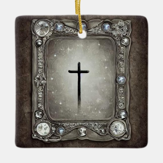 Jewel Frame Cross Ceramic Ornament (Front)