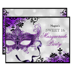 Jewel Mask & Damask Purple Masquerade Sweet 16 Invitation