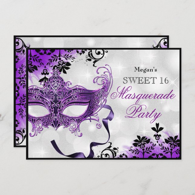Jewel Mask & Damask Purple Masquerade Sweet 16 Invitation (Front/Back)