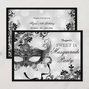 Jewel Mask & Damask Silver Masquerade Sweet 16 Invitation