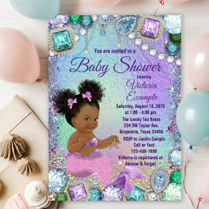 Jewel Mermaid Afro Hair Pink Mermaid Baby Shower Invitation