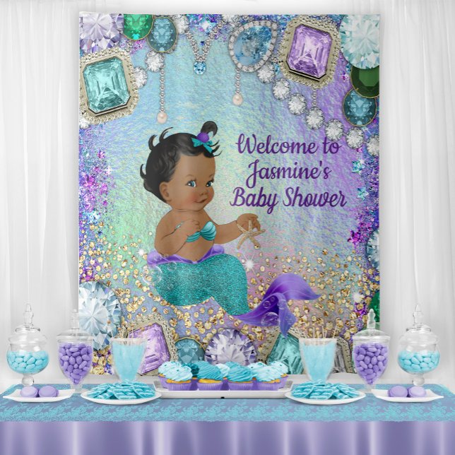 Jewel Mermaid Baby Shower Backdrop Tapestry (You can change the text, font style, font color.)