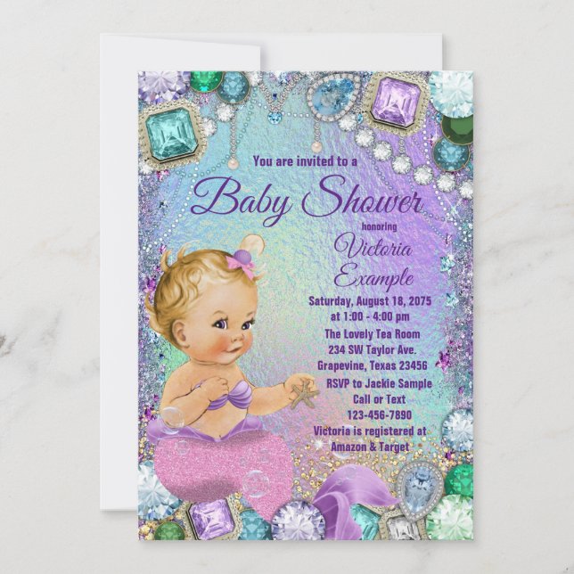 Jewel Mermaid Blonde Pink Mermaid Baby Shower Invitation (Front)