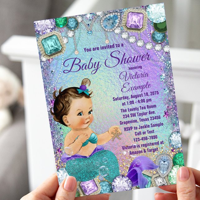 Jewel Mermaid Brunette Mermaid Baby Shower Invitation (Creator Uploaded)