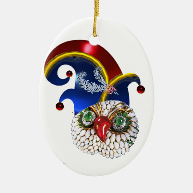 JEWEL OWL AND  ELF HAT WITH DIAMOND FEATHERS CERAMIC ORNAMENT (Front)