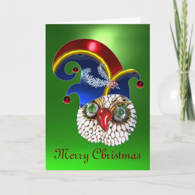 JEWEL OWL AND  ELF HAT WITH DIAMOND FEATHERS HOLIDAY CARD (Front)