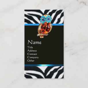 JEWEL OWL BLUE BLACK WHITE ZEBRA FUR MONOGRAM BUSINESS CARD