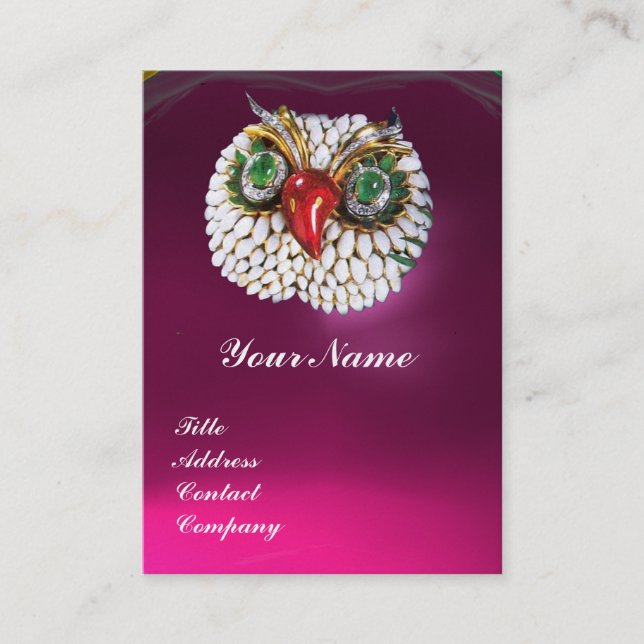 JEWEL OWL ,Gold,Green Emerald Fuchsia white pearl Business Card (Front)