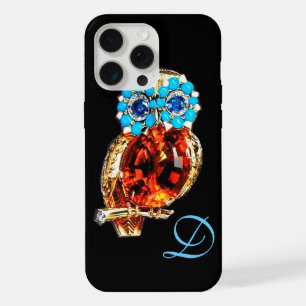 JEWEL OWL MONOGRAM Gold, Blue Turquase Topaz iPhone 15 Pro Max Case