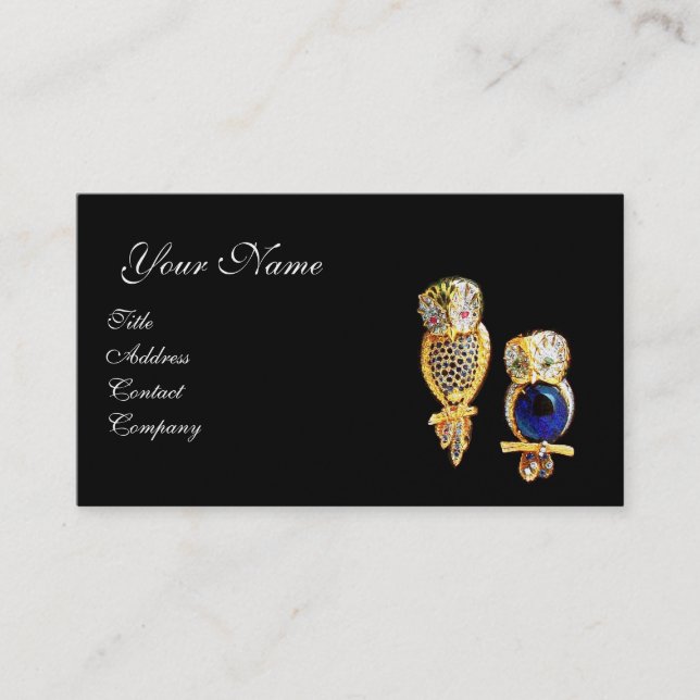 JEWEL OWLS,Gold, Blue Sapphire ,Topaz White Pearl Business Card (Front)