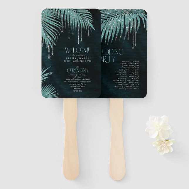 Jewel Palm Leaf Ceremony Program Teal ID830 Hand Fan (Front and Back)