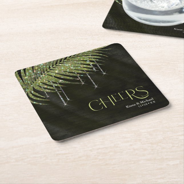 Jewel Palm Leaf Wedding Cheers Green ID830 Square Paper Coaster (Angled)