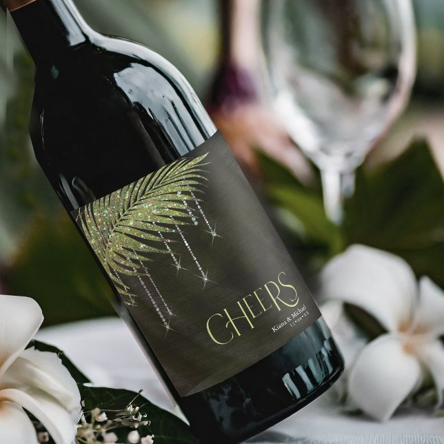 Jewel Palm Leaf Wedding Cheers Green ID830 Wine Label (Creator Uploaded)