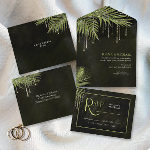 Jewel Palm Leaf Wedding Green ID830 All In One Invitation