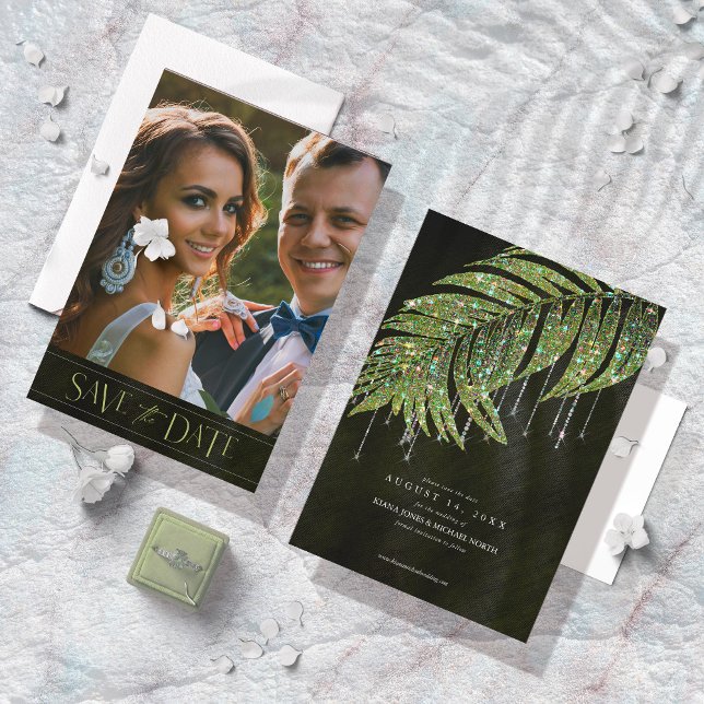 Jewel Palm Leaf Wedding Green ID830 Save The Date (Creator Uploaded)