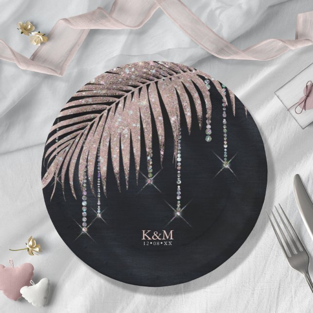 Jewel Palm Leaf Wedding Rose Gold/Navy ID830 Paper Plate (Creator Uploaded)