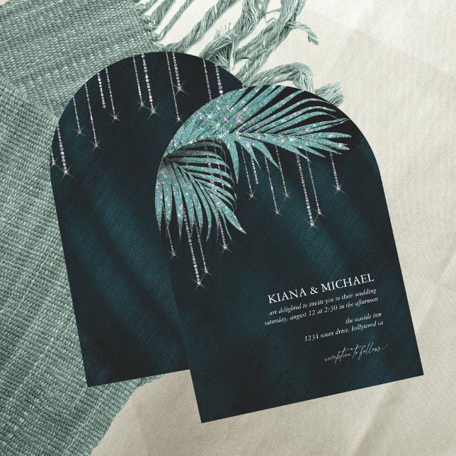 Jewel Palm Leaf Wedding Teal Arch ID830 Invitation (Creator Uploaded)