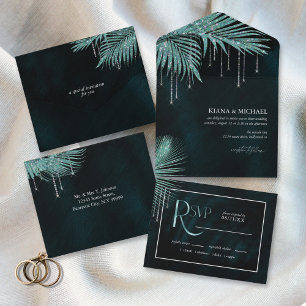 Jewel Palm Leaf Wedding Teal ID830 All In One Invitation