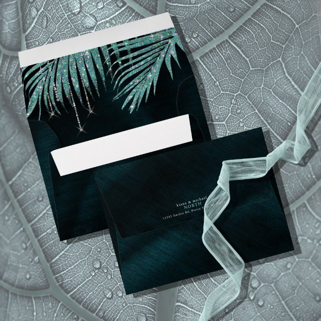 Jewel Palm Leaf Wedding Teal ID830 Envelope (Interior/Back In Situ)