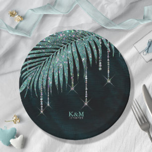 Jewel Palm Leaf Wedding Teal ID830 Paper Plate
