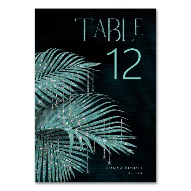 Jewel Palm Leaf Wedding Teal ID830 Table Number (Front)