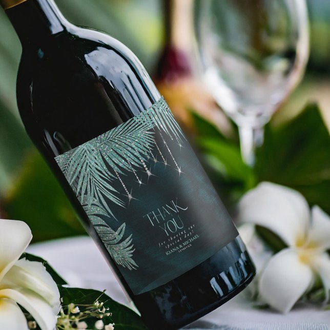 Jewel Palm Leaf Wedding Teal ID830 Wine Label (Creator Uploaded)