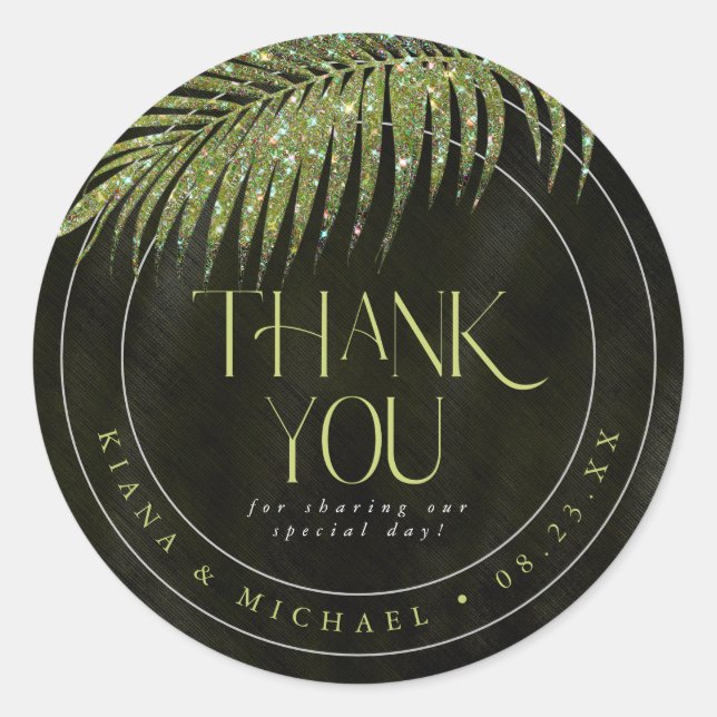 Jewel Palm Leaf Wedding Thank You Green ID830 Classic Round Sticker (Front)