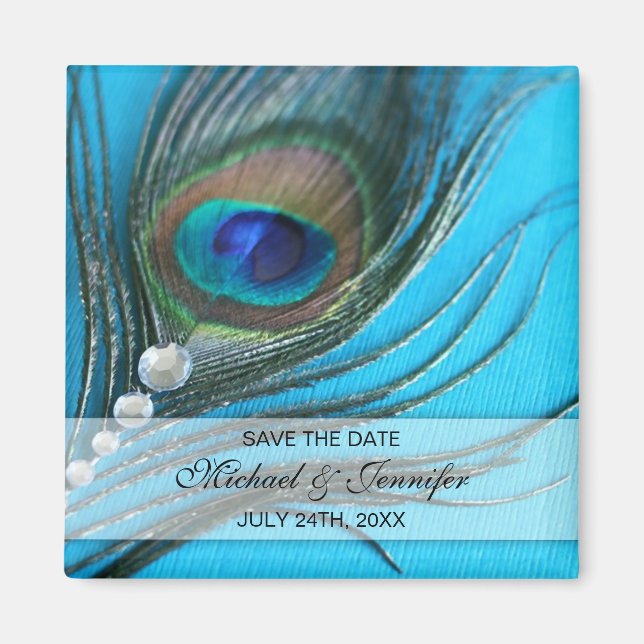 Jewel Peacock Feather Save the Date Magnet (Front)
