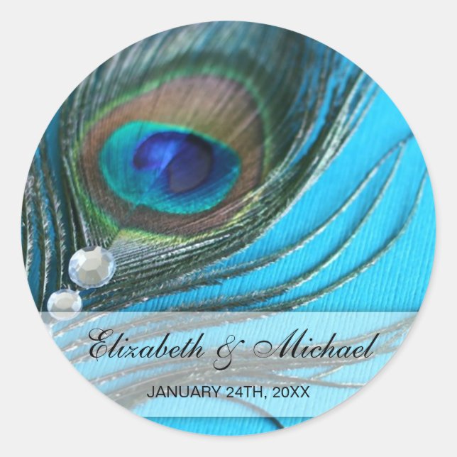 Jewel Peacock Feather Wedding Favour Label (Front)