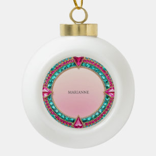 Jewel Pink and Turquoise Ceramic Ball Christmas Ornament