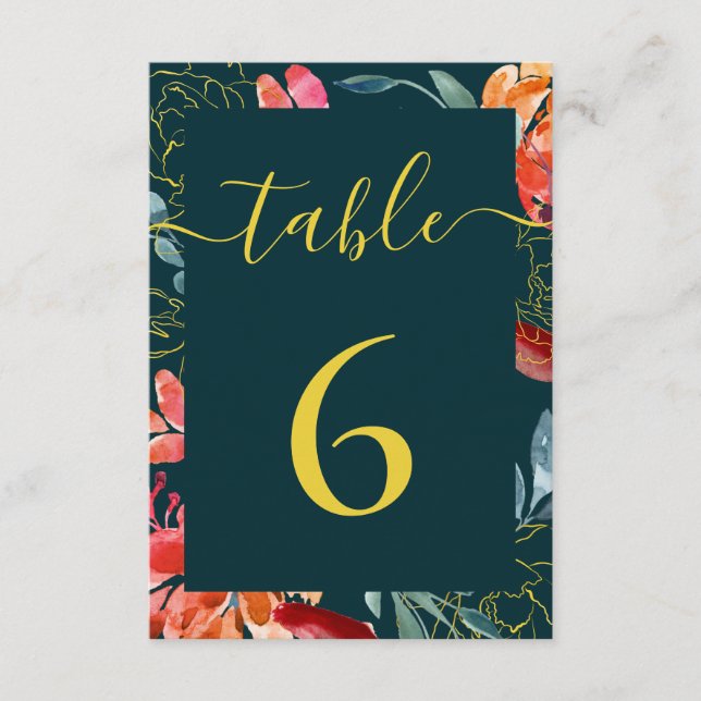 Jewel tone Blue Coral Floral Wedding Table Number (Front)