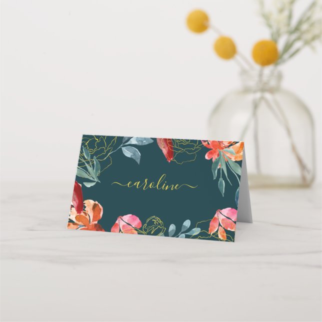 Jewel tone Blue Coral Floral Wedding Table  Place  Card (Front)