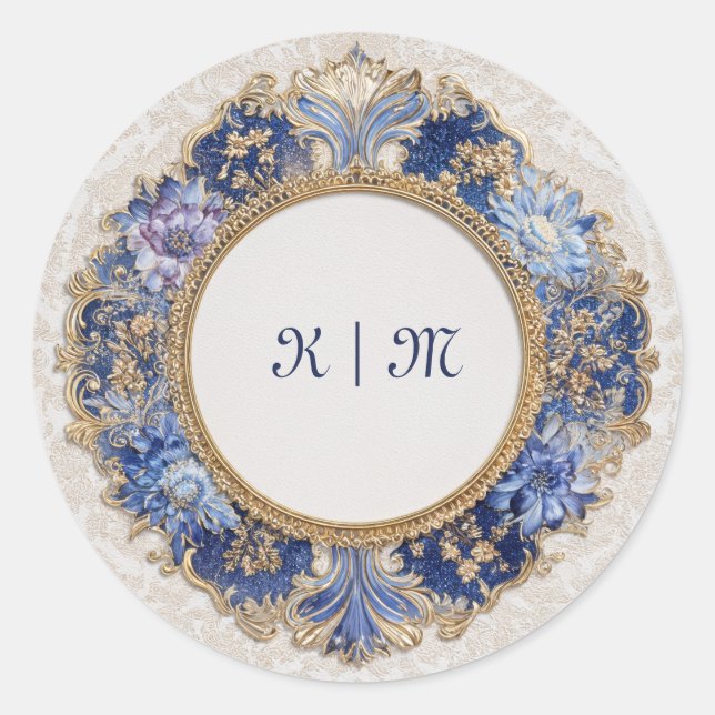 Jewel Tone Blue Damask Gold Baroque Wedding Classic Round Sticker (Front)