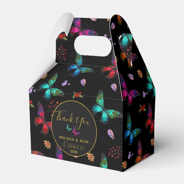 Jewel Tone Butterflies on Black Wedding Thanks Favour Box (Front Side)
