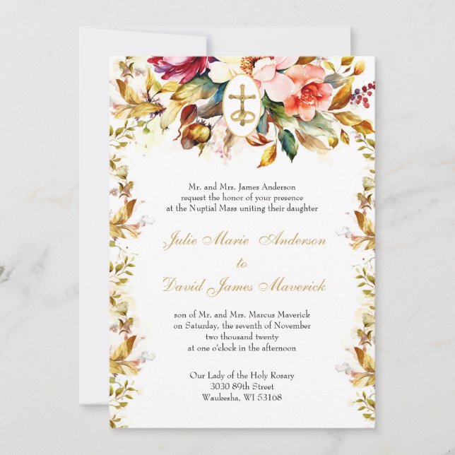 Jewel Tone Catholic Floral Wedding and Reception  Invitation (Front)