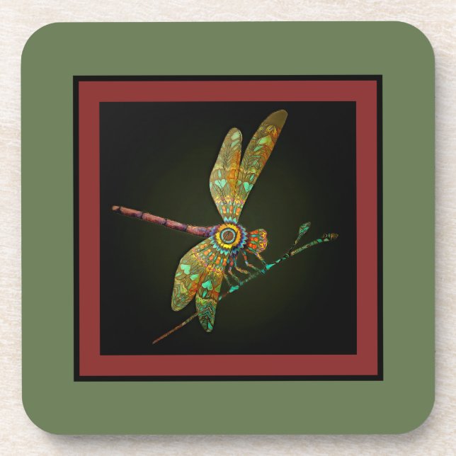 Jewel Tone Dragonfly Meets Mandala on Olive Coaster (Front)