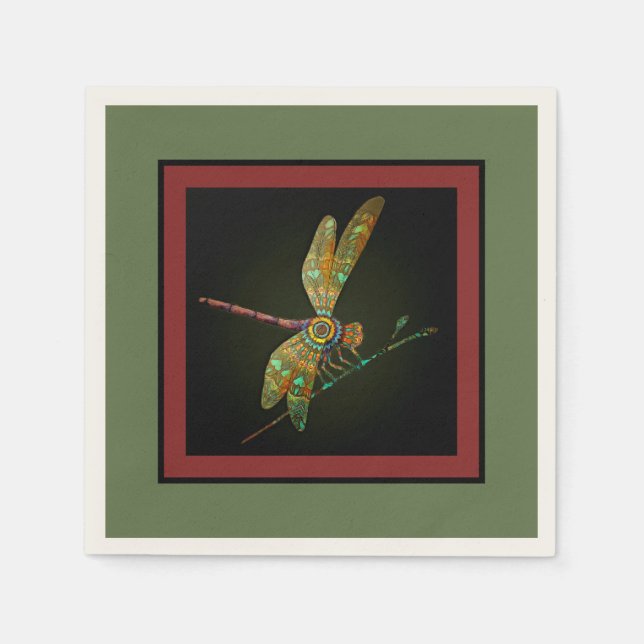 Jewel Tone Dragonfly Meets Mandala on Olive Green Napkin (Front)