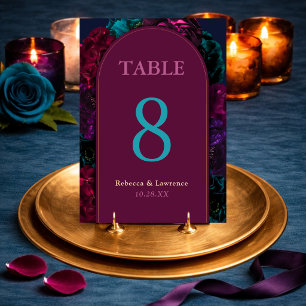 Jewel tone floral wedding table number