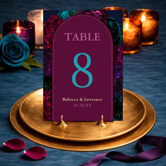 Jewel tone floral wedding table number