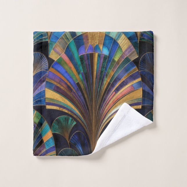 Jewel Tone Peacock Blue Purple Gold Art Deco Bath Towel Set (Wash Cloth)