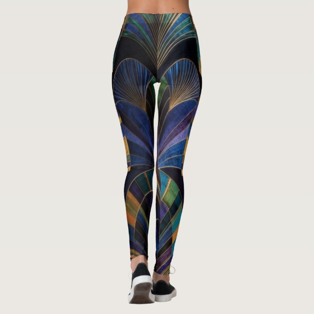 Jewel Tone Peacock Blue Purple Gold Art Deco Leggings (Back)