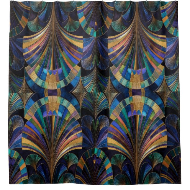 Jewel Tone Peacock Blue Purple Gold Art Deco Shower Curtain (Front)