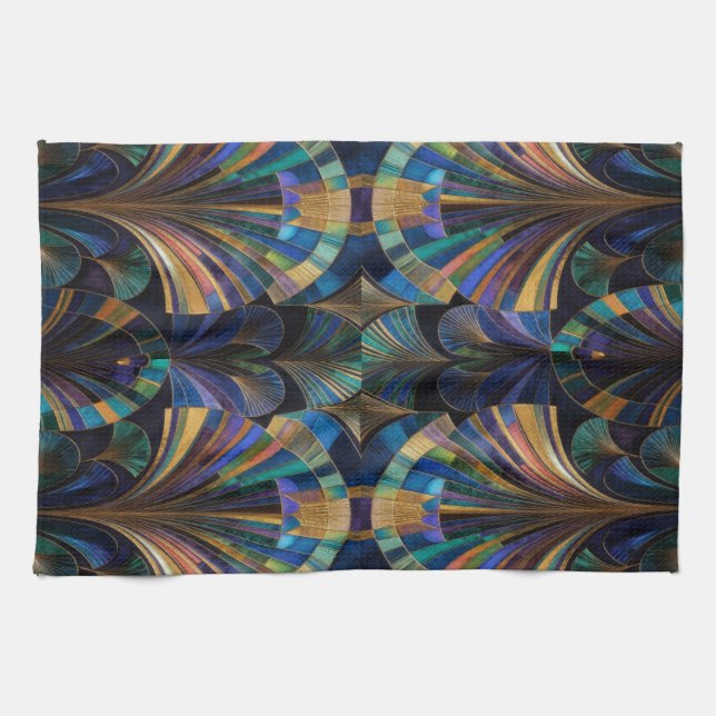 Jewel Tone Peacock Blue Purple Gold Art Deco Tea Towel (Horizontal)