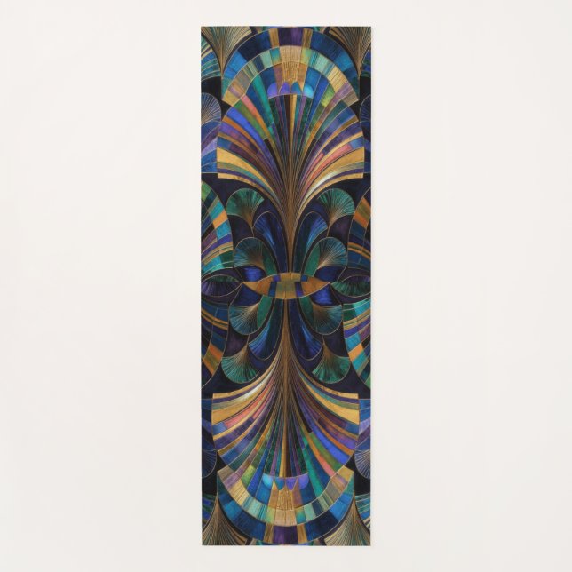 Jewel Tone Peacock Blue Purple Gold Art Deco Yoga Mat (Front)