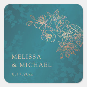 Jewel Tone Peacock Floral Wedding Square Sticker